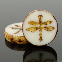 Table Cut Coin with Dragonfly (18mm) Ivory Opaque with Picasso Finish