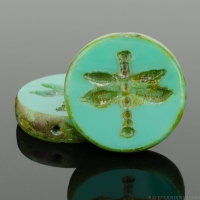 Table Cut Coin with Dragonfly (18mm) Turquoise Opaque with Picasso Finish