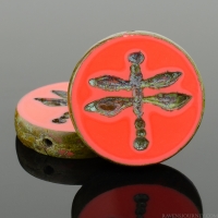 Table Cut Coin with Dragonfly (18mm) Red Coral Opaque with Picasso Finish