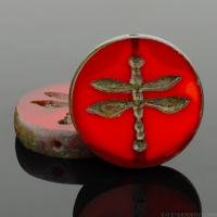 Table Cut Coin with Dragonfly (18mm) Burnt Orange Opaline with Picasso Finish