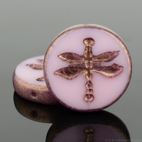 Table Cut Coin with Dragonfly (18mm) Pink Opaline with Purple Bronze Finish