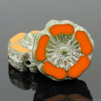 Hibiscus Flower (12mm) Bright Orange Opaque with Antiqued Silver Finish