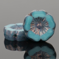 Hibiscus Flower (12mm) Turquoise Silk Uranium Glass with Purple Bronze Finish