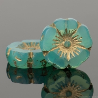 Hibiscus Flower (12mm) Aqua Green Uranium Glass Opaline with Gold Wash