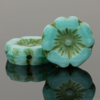Hibiscus Flower (12mm) Turquoise Uranium Silk Glass with Flax Yellow Wash
