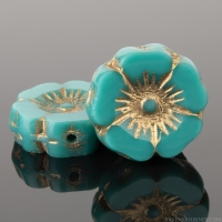 Hibiscus Flower (12mm) Green Turquoise Opaque with Gold Wash