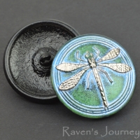 (30mm) Round Dragonfly Tourmaline Green with Aqua Wash and Silver Paint