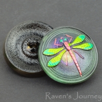 (23mm) Round Dragonfly Green, Purple with Painted Dragonfly