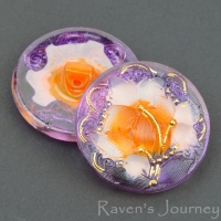 (27mm) Round Lacy 3 Flowers Purple, Pink, Orange with Gold Paint
