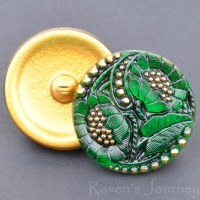 (27mm) Round Two Poppy Design Green Jet with Gold Paint