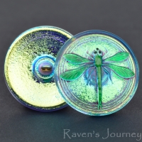 (30mm) Round Dragonfly Iridescent Green Blue Aurora Borealis with Green Paint