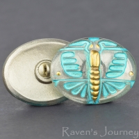 (29x22mm) Oval Art Deco Butterfly White Bronze with Turquoise wash and Gold Paint