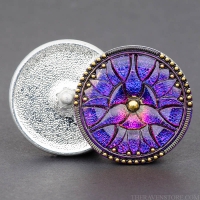 (34mm) Round Lily Flower Blue/Purple Iridescent with Jet and Gold Paint 1 Button Minimum Order *Last Unit Remaining*