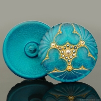 (36mm) Round Triple Clover Button Green Turquoise with Gold Wash and Silver Painted Accents - Matte Edge