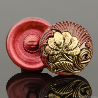 (18mm) Round Flower Design Red with Antique Finish with Gold Paint