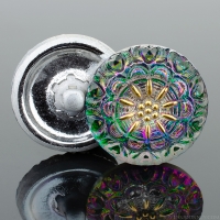 (18mm) Round Lacy Flower Green and Purple Iridescent with Gold Paint 2 Button Minimum Order *Last Unit Remaining*