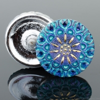 (27mm) Round Lacy Flower Electric Blue with Aqua Wash and Gold Paint
