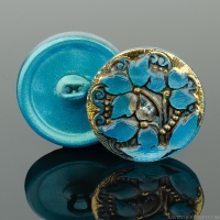 (18mm) Round Lacy 3 Flowers Aqua Blue with Black Wash and Gold Paint