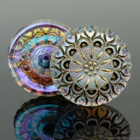 (27mm) Round Lacy Flower Aurora Borealis Iridescent Antiqued with Gold Paint