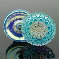 (27mm) Round Lacy Flower Aurora Borealis Iridescent with Turquoise Wash and Gold Paint