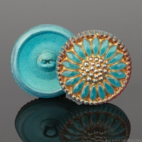 (18mm) Round Sunflower Aqua Blue Coral Red Rim with Gold Wash with Platinum Paint