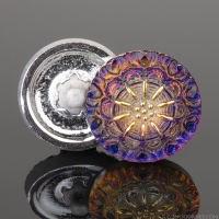 (18mm) Round Lacy Flower Blue Purple Iridescent with Gold Paint