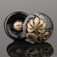 (18mm) Round Flower Design Metallic Black with Antiqued Gold Flower