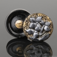 (18mm) Round Lacy 3 Flowers Metalic Black with Gold Paint