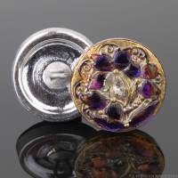 (18mm) Round Lacy 3 Flowers Purple Blue Iridescent Antiqued with Gold Paint