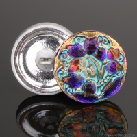 (18mm) Round Lacy 3 Flowers Purple Pink Iridescent with Aqua Wash