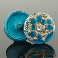 (18mm) Round Lacy 3 Flowers Teal Turquoise Antiqued with Platinum Paint